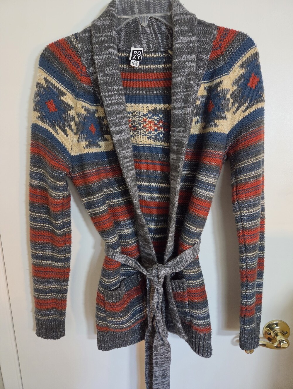 Roxy Womens Southwestern Shawl Collar Belted Cardigan Sweater Grey Red Small